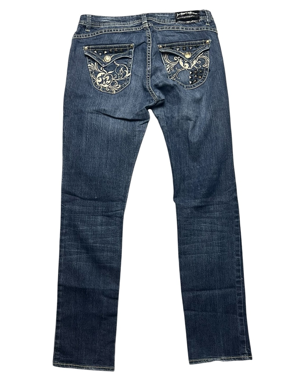 Y2K Apple Bottoms Low Rise Studded Dark Indigo Jeans Red Brand Label Size 7/8 M - Picture 2 of 8